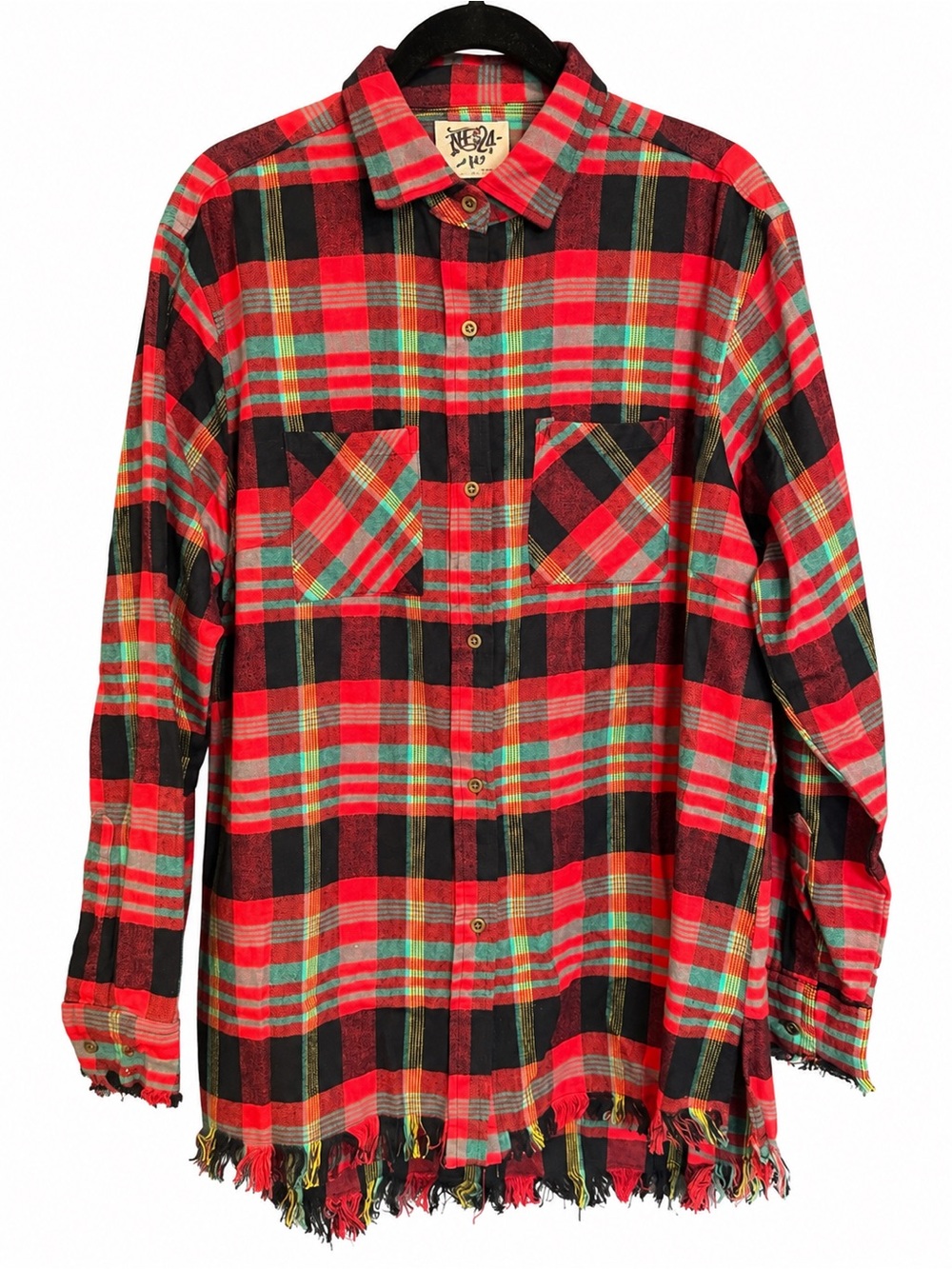 One24 Rags Plaid Oversized Fringe Flannel Shirt